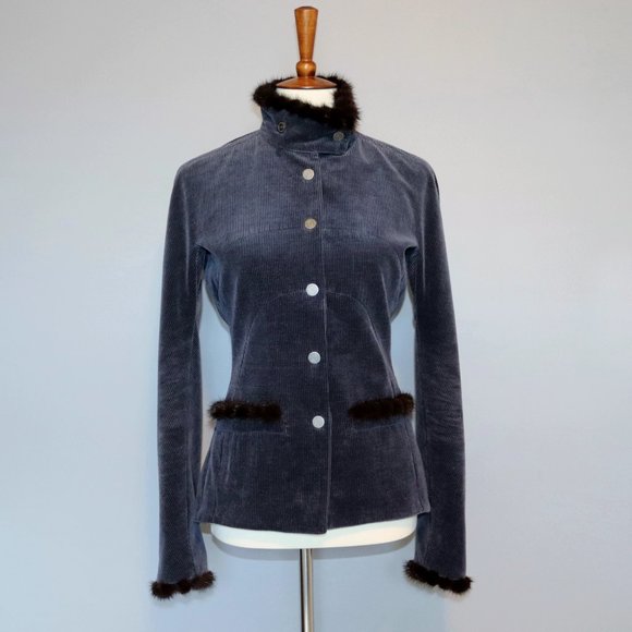 CHANEL Blazer Size 40 Navy Corduroy Mink Fur Trim